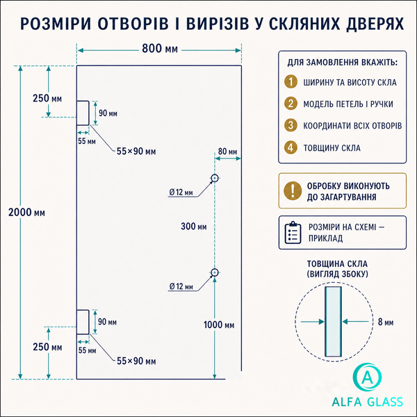 Скло для дверей з отворами під петлі та ручку AG-GLASS-014 фото