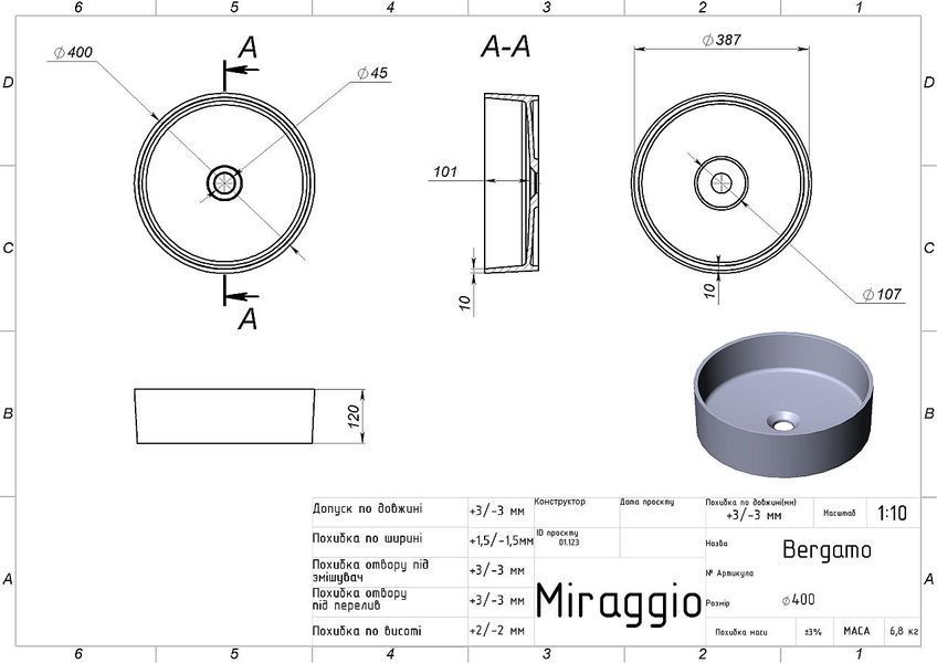 Умивальник BERGAMO MIRASOFT RAL 18902 фото